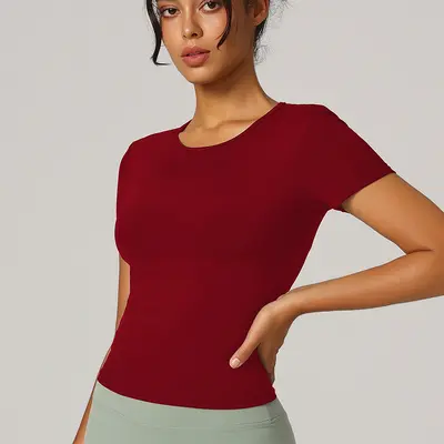 瑜伽服女新款短袖修身显瘦高级感运动上衣普拉提训练服跑步健身服 - 8
