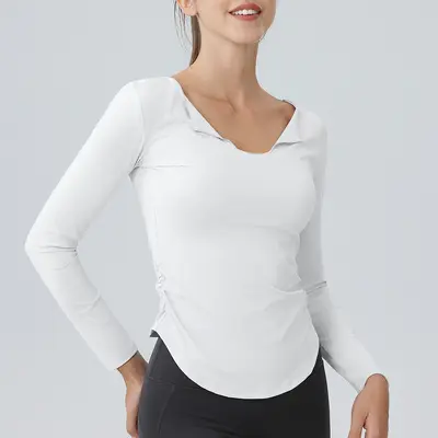 Women's Long-Sleeve V-Neck Yoga Top, High Stretch, Quick-Dry Fabric