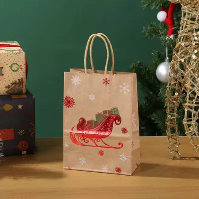 Noel kraft kağıt hediye torbası, geyik ve kar ağacı desenli - 10