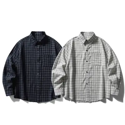 Herren-Hemdjacke im Japan-Stil, Karomuster aus Seersucker, lockerer Schnitt