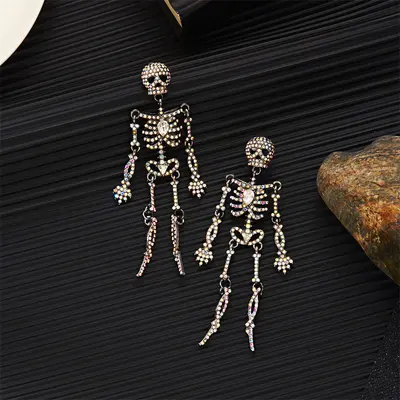 Halloween Retro Skull Earrings with Rhinestones, Exaggerated Design
