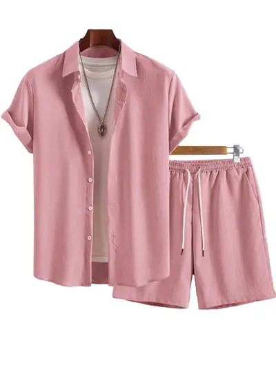 Men's Short-Sleeve Shirt and Shorts Set, Solid Color, Summer - 7