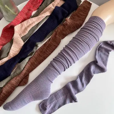 Retro Gri Yeşil Diz Üstü Çorap, Kadın İnce Bahar Sonbahar Modeli, Mor Çizgili