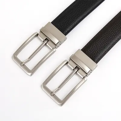 Men's belt made from top-grain cowhide, pin buckle, reversible buckle, double-sided genuine leather, versatile daily style belt for young and middle-aged men.