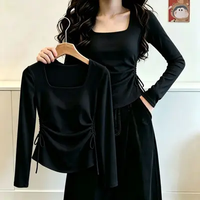 Damen-Langarmshirt mit eckigem Ausschnitt, schmal machender Schnitt, unregelmäßige Falten - 8