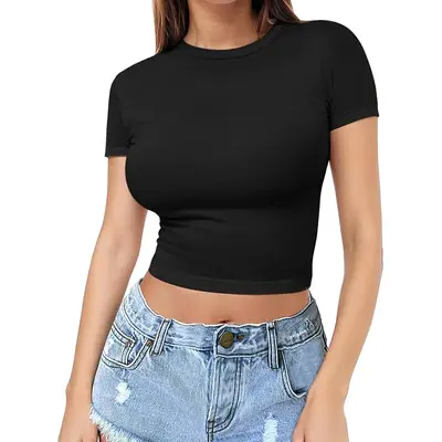 Cross-border European and American style crop top t-shirt hot girl summer sweater women's slim round neck fashion milk silk short sleeve - 8