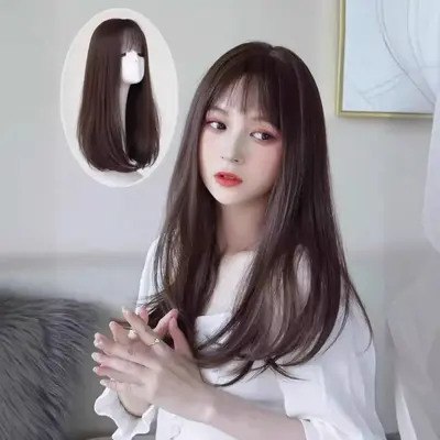 Women's Long Wig Real Human Hair Wig with Needle Scalp Freely Dyeable and Perm-able Fashionable Styling Long Straight Black Hair Wig Full Head Cover