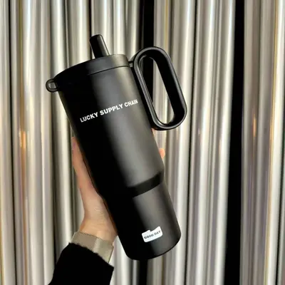Großer Thermobecher mit Trinkhalm aus 316er Edelstahl, für unterwegs im Auto