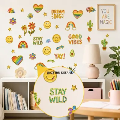 Smiley Rainbow Gold Foil Wall Stickers, Self-Adhesive
