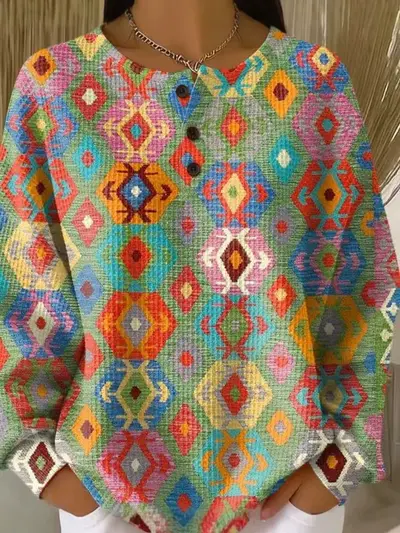 Women's Waffle Sweatshirt, Retro Style, Digital Print, Casual Fit