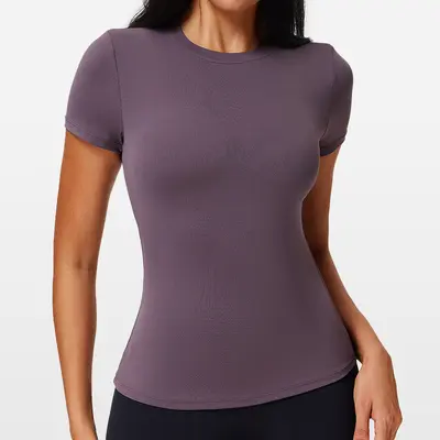 Kadın Omuz Dikişli Spor Tişört, Slim Fit, Nefes Alabilir, Kısa Kollu - 4