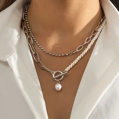 Grenzüberschreitender Schmuck aus Europa und Amerika, modische lange Perlenketten-Stacking-Halskette, Retro-Stil personalisierte Perlenunkraut-Spange Halskette - 8