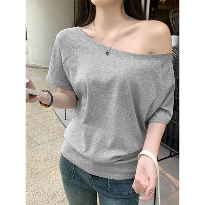 Women's Short Sleeve T-Shirt, Off-Shoulder Design, Black, Summer - 9