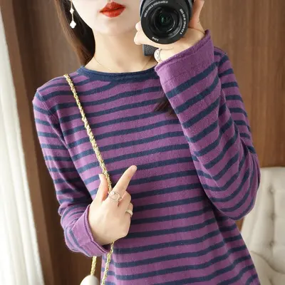 Women's 100% Cotton Knit Sweater, Contrast Stripe Crew Neck - 7