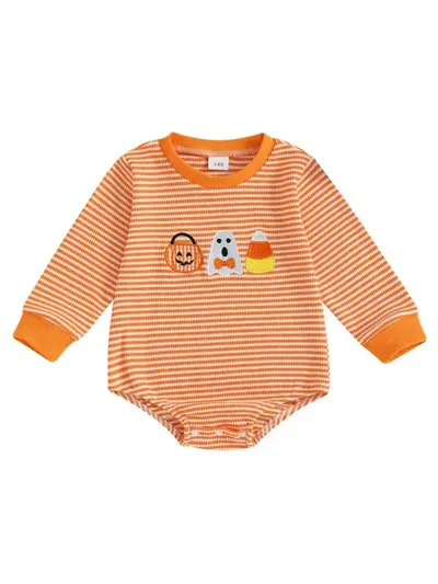 Baby-Halloween-Strampler mit Streifen, langen Ärmeln, Kürbis- und Eulenmotiv