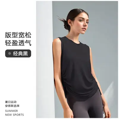 春夏新款竹节纱速干瑜伽罩衫女修身透气运动上衣批发抽绳网纱背心 - 11