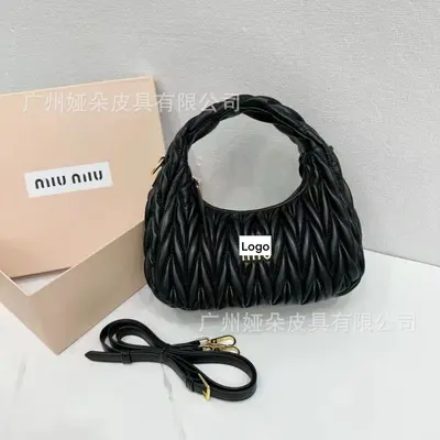 MIU Genuine Leather Women's Hobo Bag with Pleated Crossbody Strap - 10