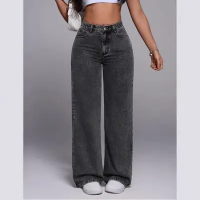 Yüksek Bel Bol Geniş Paça Siyah Düz Kot Pantolon Kadın
