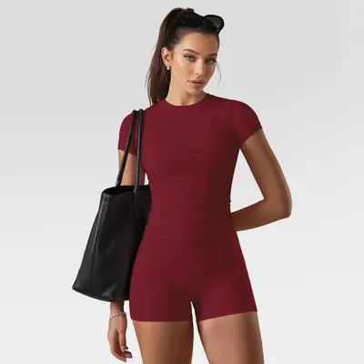 Solid Color Brushed Crew Neck Quick-Dry Yoga Set - 10