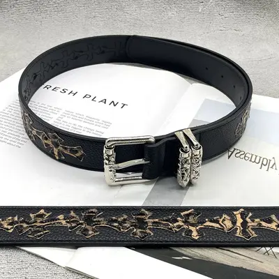 Chrome Hearts Sacred Sword Cross Belt for Men, Roller Hollow Design, Evergreen Style, Hanging Pattern Women's Belt, Celebrity Style, Perforated Heart Design. - 12