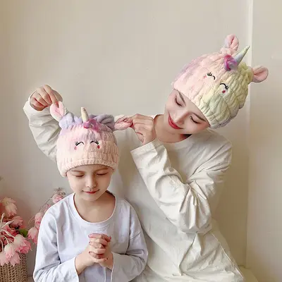Douyin popüler çocuk saç kurutma başlığı unicorn tavşan toptan mercan kadife emici karikatür sevimli kadınlar ve yetişkinler için duş başlığı