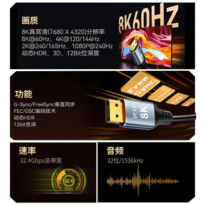DisplayPort 1.4 Cable, 8K60Hz and 4K240Hz, Gold-Plated Connector