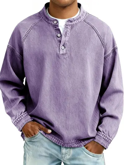 Men's Washed Distressed Vintage Stand-Collar Long-Sleeve Sweatshirt - 12