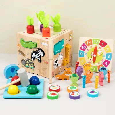 Wholesale Multi-Function Wooden Montessori 8-in-1 Combination Pounding Ball Animal Matching Fishing Game Early Educational Toys for Toddlers