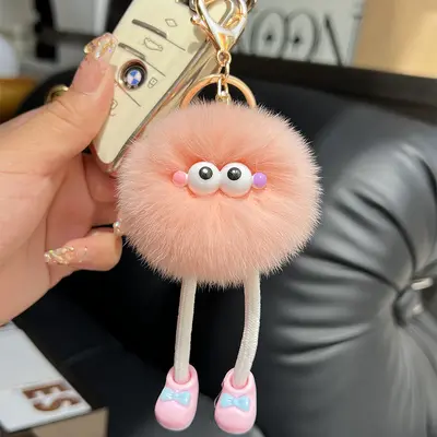 Long-legged imitation Rex rabbit plush keychain, small charcoal ball pendant - 12