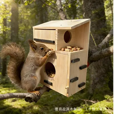 Hanging Wooden Squirrel House with Viewing Window and Nut Feeder