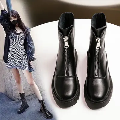 Women's Genuine Leather Mid-Calf Boots, Thick Sole, Front Zipper
