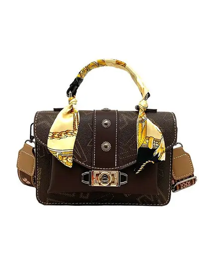 Retro Print Small Square Women's Crossbody Bag with Silk Scarf Detail - 4