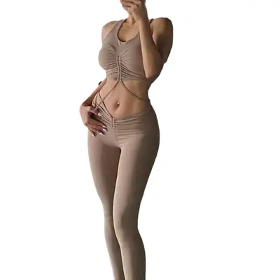Women's Solid Color High-Waist Yoga Leggings Two-Piece Set with Chest Pads - 6
