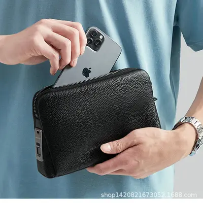 Herren-Handtasche aus echtem Leder mit Fingerabdruckschloss, diebstahlsicher - 5
