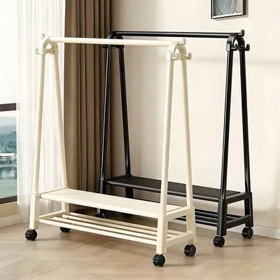 Bedroom Coat Rack Floor-Standing Household Cream Style Mobile Clothes Hanger Stand Wrought Iron Space-Saving Clothing Storage Rack Thickened