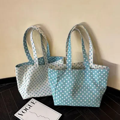 Polka Dot Single-Shoulder Canvas Bag, Double-Sided, Large Capacity