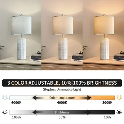 Modern minimalist seramik masa lambası, beyaz kumaş abajur, yatak odası