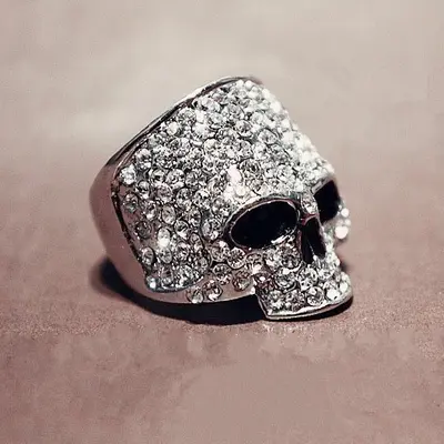 Punk Skull Ring, Metal, Rhinestone Studded - 2