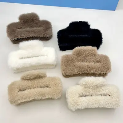 Oufeirle Autumn and Winter Square Plush Hair Clip Large Handmade Rabbit Fur Shark Clip Fluffy Hair Bun Clip Hair Accessory - 8