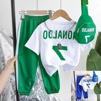 Kız ve Erkek Çocuk Yazlık Kısa Kollu Takım, Dokuz Noktalı Pantolonlu 2'li Set