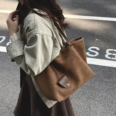 Büyük kapasiteli süet tote çanta, Kore tarzı, retro görünüm - 5
