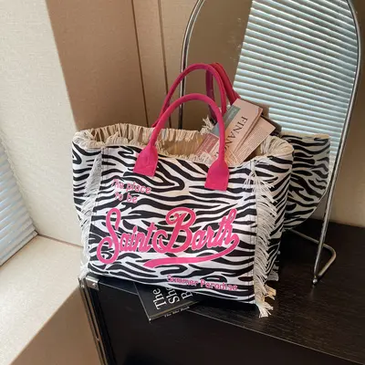 Large Capacity Tasseled Printed Women's Beach Tote Bag - 4