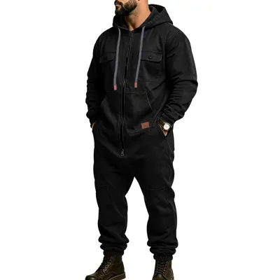 Erkek Ağır Kumaş Fermuarlı Haki İş Tulumu, Açık Hava Rahat Hip-Hop Tarzı - 8