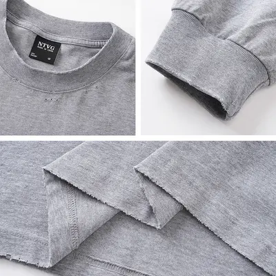Semi-Spray-Dyed Distressed Long-Sleeve T-Shirt for Men, Spring/Autumn Loose Casual Style, Frayed Edges and Ripped Details, 300g Heavyweight 100% Cotton Top, Trendy