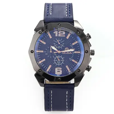 Men's quartz watch with leather strap, large dial, Korean style - 7
