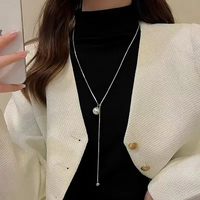 Perlenhänger-Halskette, Metall verstellbar, Pullover-Kette, koreanischer Stil