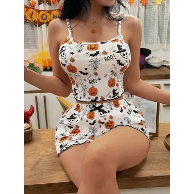 Women's Pumpkin Print Bow Suspender Shorts Set, 2-Piece Homewear