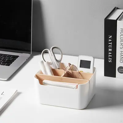 Removable bamboo cosmetic storage basket kitchen miscellaneous items storage basket living room side table desktop wooden plastic storage box - 3
