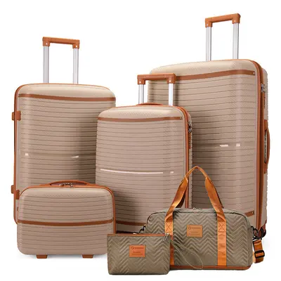 Six-piece PP luggage set including burst-resistant zippered cabin-size suitcase, universal wheels, travel bag, and storage box set for baggage.