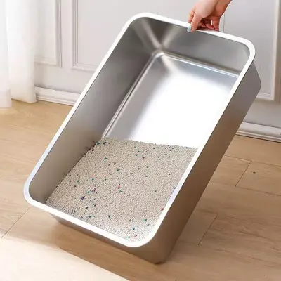 Ekstra Büyük Paslanmaz Çelik Kedi Tuvaleti, Yüksek, Kapaklı, Derin